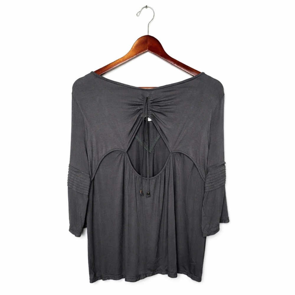 POL Charcoal Gray V-Neck Back Cutout Ruched Tie Top RCT387 Large - Picture 3 of 7